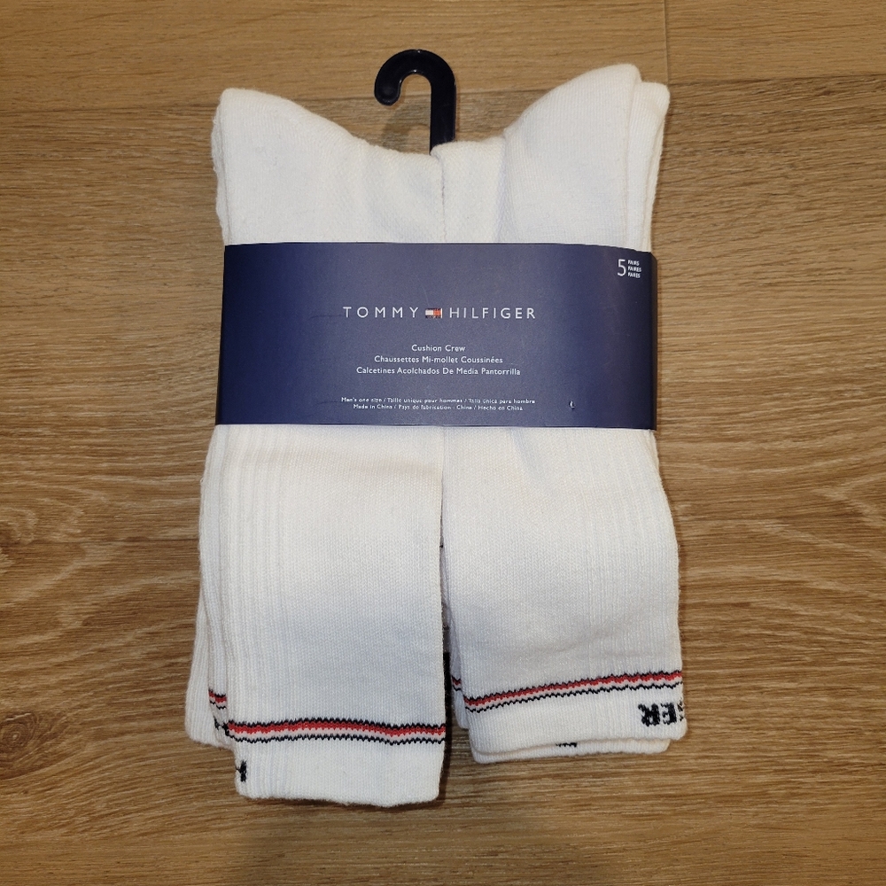 TOMMY HILFIGER 5 Pairs One Size White with TH Logo Men's Cushion Crew Socks New